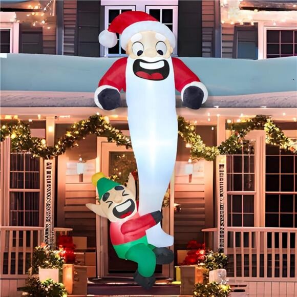 6 FT Christmas Inflatables Decor, Inflatable Hanging Elf Dragging Santa Beard